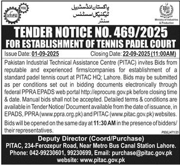 National Industrial Technical Assistance Centre Lahore Tender Notice